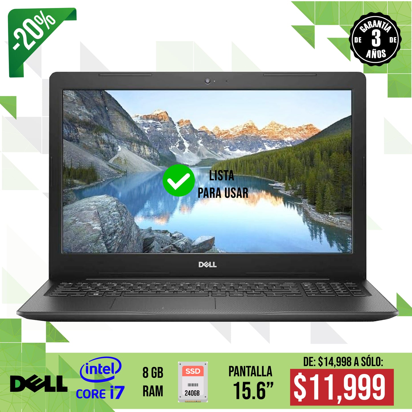 Laptop Dell Inspiron, Core i7, 8 gb, 256 gb ssd, 15.6"