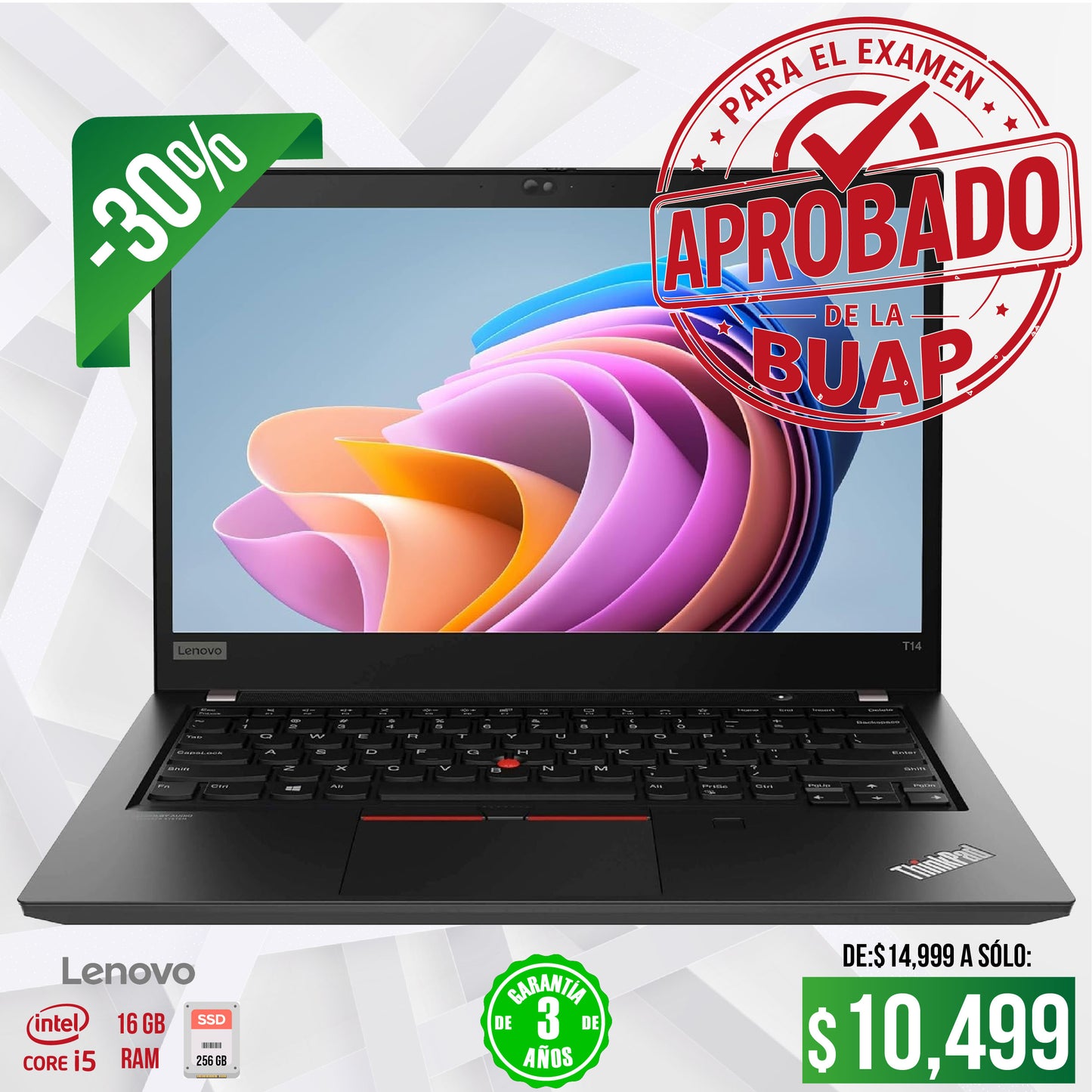 Lenovo T14s i5 16GB SSD | Lista para tu examen BUAP
