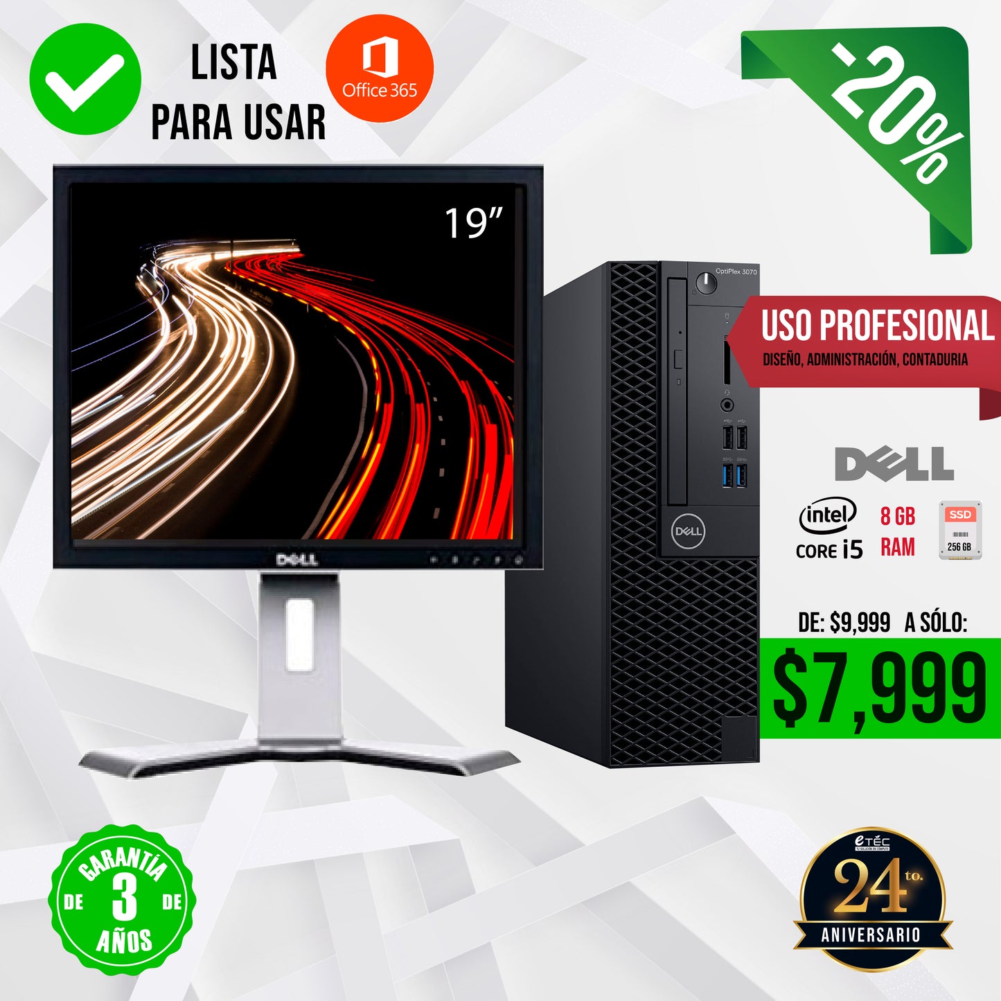 Dell Core i5, 8GB RAM, 240GB SSD + Monitor 19” y Garantía 3 Años: Potencia y Fiabilidad