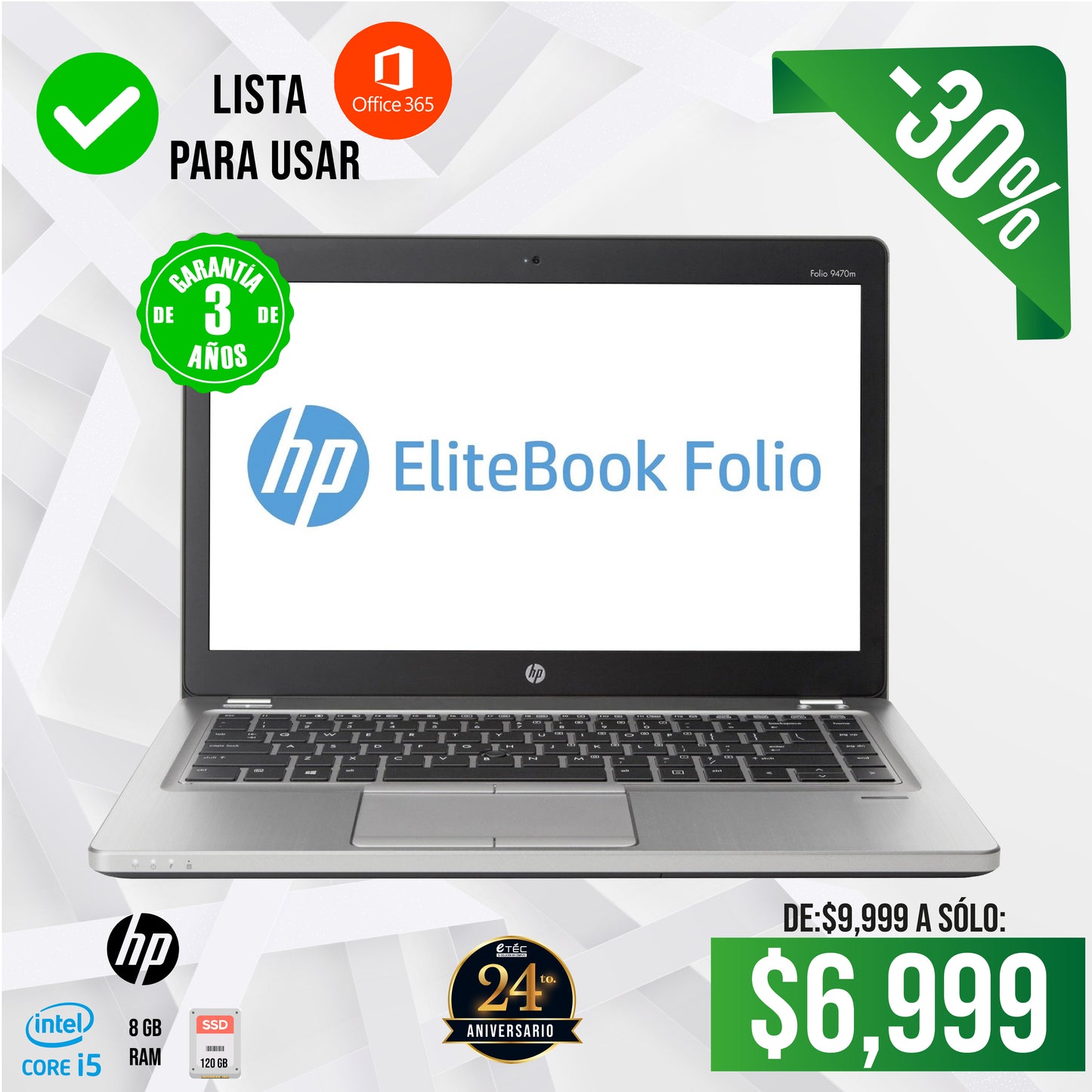 HP Folio Core i5: Core i5 para tareas exigentes, 8GB RAM para multitareas y 120GB SSD para velocidad.