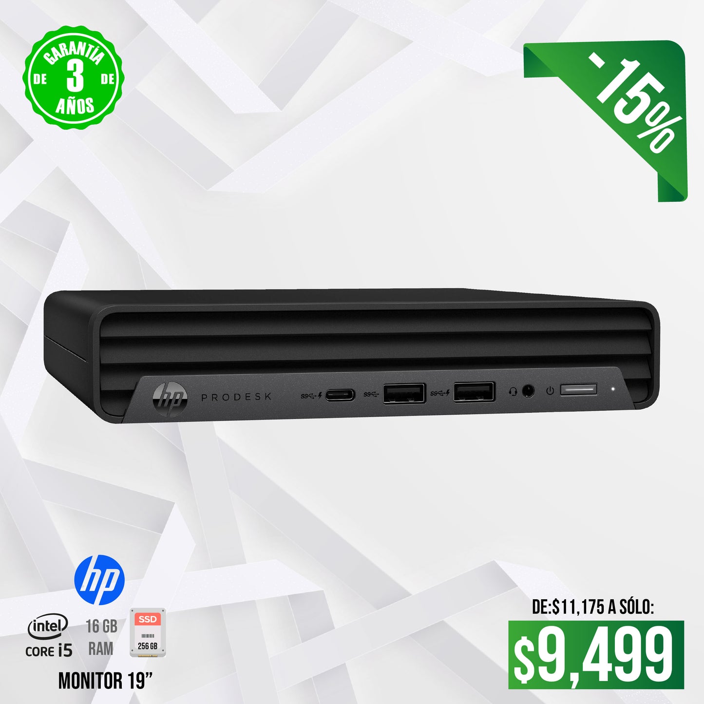 ° HP prodesk 400, Core i5, 16 gb, 256 SSD, 19"